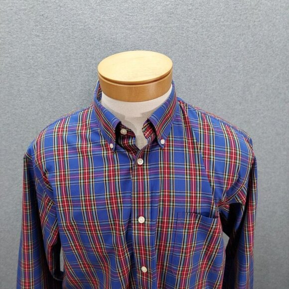 Land's End Size 16.5-32 No Iron 100% Cotton Plaid Button Down Shirt Blue Red - Picture 2 of 5